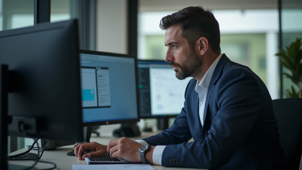 Professionista che controlla la propria reputazione online su vari dispositivi, analizzando i commenti e il feedback