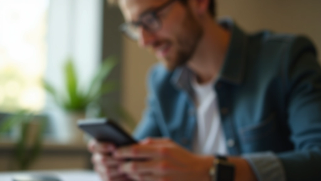 Mano che scrive una storia autentica su uno schermo di smartphone, con piante e luce naturale intorno