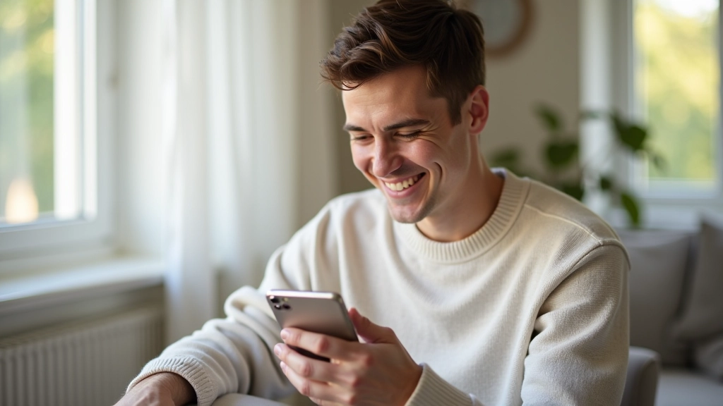 Persona che legge commenti su un post Instagram, sorriso naturale, schermata del telefono visibile, ambiente luminoso e accogliente