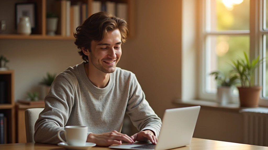 Persona che scrive una storia autentica al suo computer, con una tazza di caffè accanto