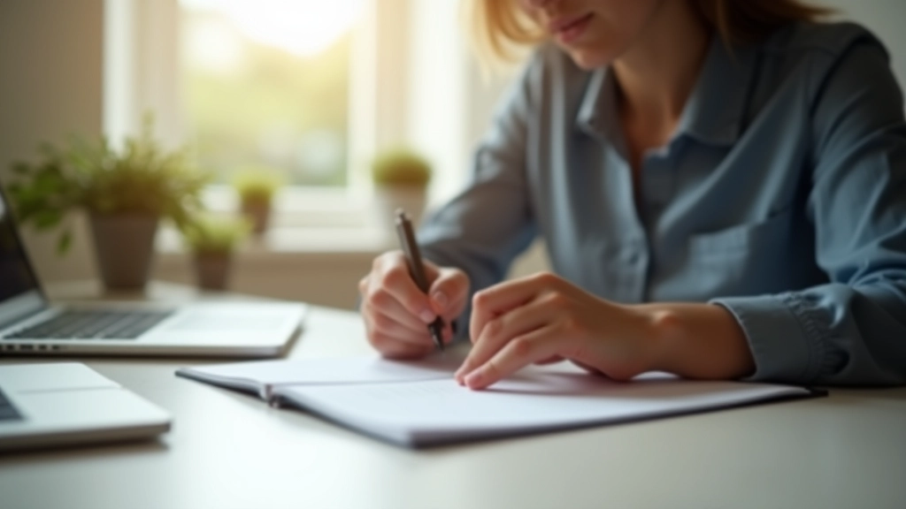 Persona che scrive note in un blocco, mano visibile con penna, ambiente luminoso, spazio creativo