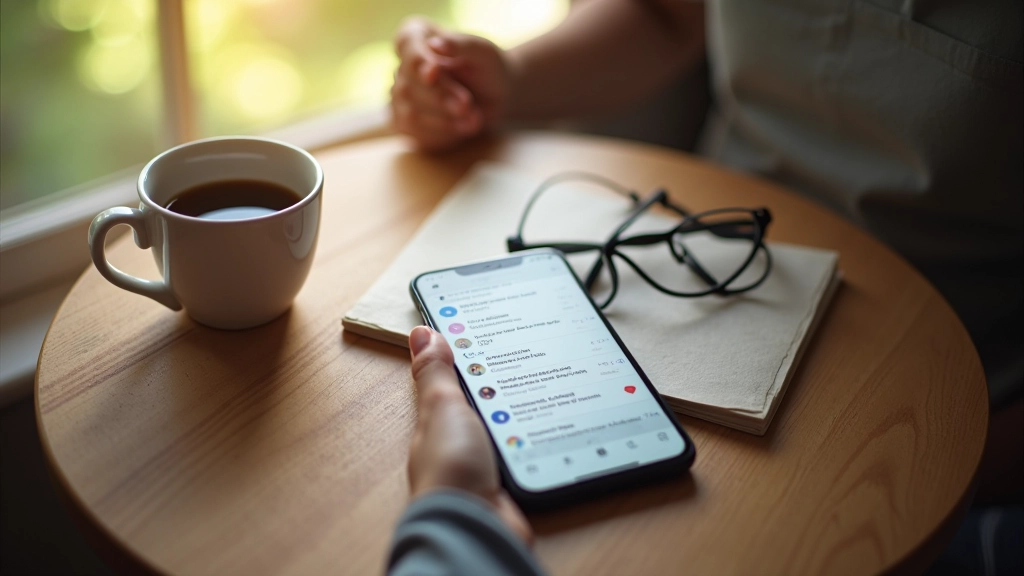 Smartphone con schermata di post social su tavolo di legno, caffè accanto, illuminazione calda naturale