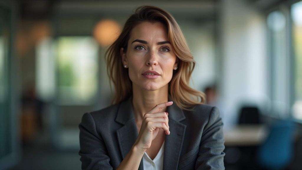Donna che ascolta intently con espressione concentrata, ritratto dalla spalla in su, ufficio moderno, illuminazione naturale