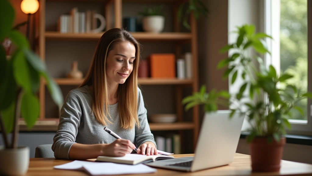 Persona che scrive il suo racconto autentico su un diario digitale in uno spazio creativo luminoso