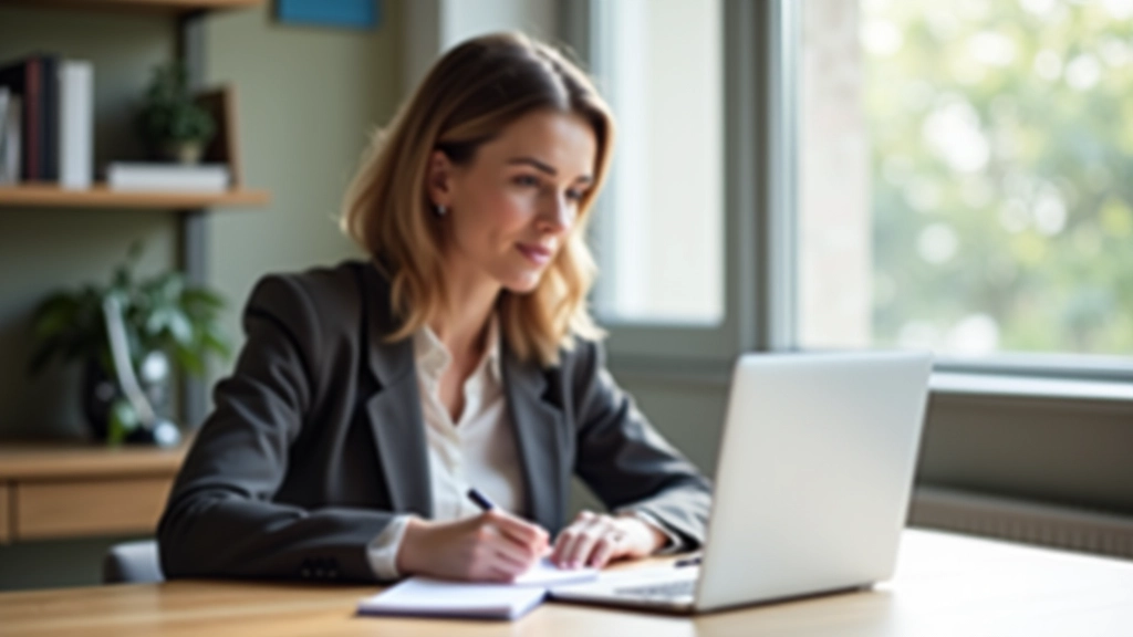 Donna che crea contenuti per i social media al suo desk moderno con laptop e taccuino