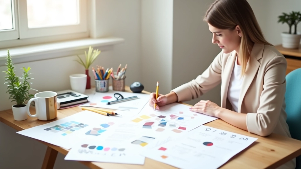 Donna che sviluppa la sua strategia di branding personale al desk con notebook e matite colorate